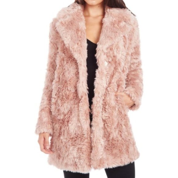 KENDALL + KYLIE CURLY FAUX FUR MID-LENGTH JACKET BLUSH FAUX FUR  REVERSIBLE - Picture 8 of 16